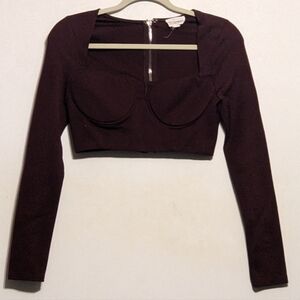 L'atiste Burgundy Maroon Cropped Long Sleeve Zipper Bustier Top - size Medium